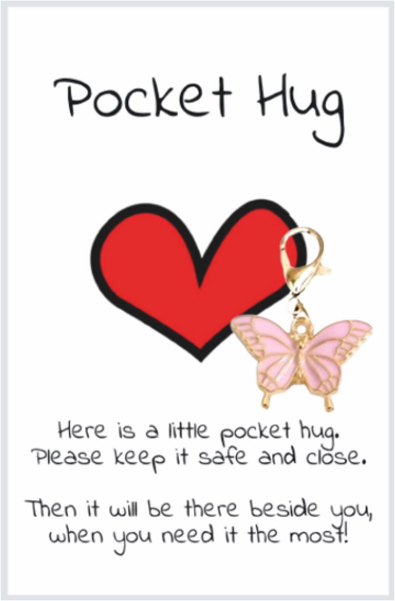 Pradeo - Vlinder Sleutelhanger - Gelukshanger - Hangertje - Vlindertje - Butterfly - Key Chain - Pocket Hug - Klein Cadeau / Geschenk - Met Kaartje Met Tekst - Roze