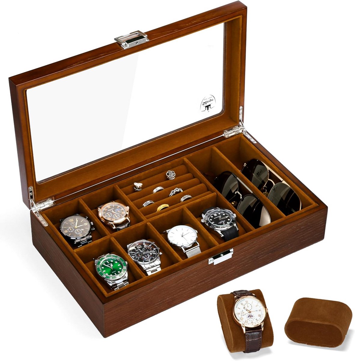 Luxe Houten Horlogedoos voor 6 Horloges met Glazen Deksel