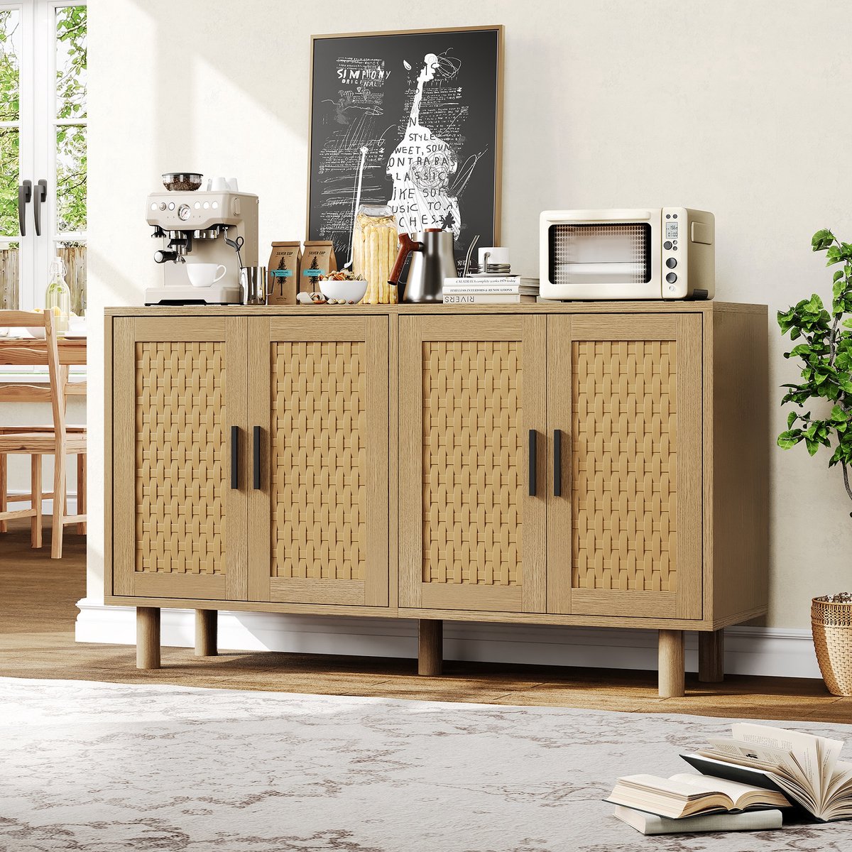 Dressoir, keukenkast, ladekast met 4 deuren, 140x40x80cm, dressoirkast, buffetkast, keukenkast, Bohemen, voor woonkamer, keuken, eetkamer, natuurlijke houtkleur