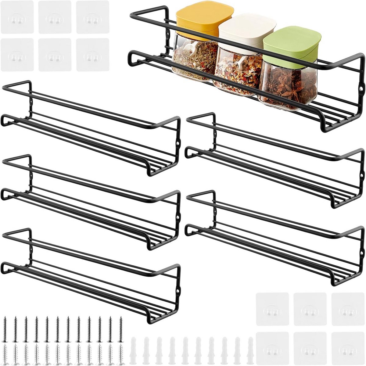 Wandmontage Kruidenrek 6 Laags - Zwarte Koolstofstaal Kruiden Organizer voor Keuken