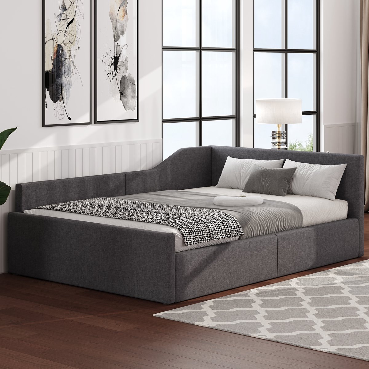 MODFU Bedframe 140x200 cm, gestoffeerd linnen in grijs, met opbergruimte en rugleuning