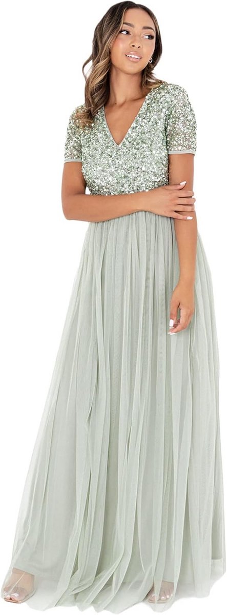 Plus Size Bruidsmeisjesjurk Gast Jurk Empire Taille Pailletten V-hals Kort Mouw Avondjurk