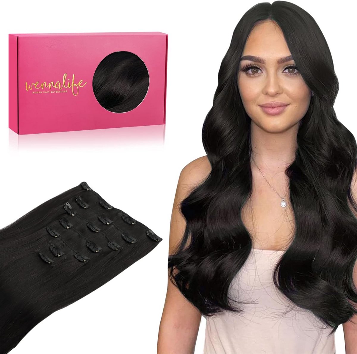 Clip-in Extensions Echt Haar 40 cm Zwart Volume Volume Remy Kwaliteit