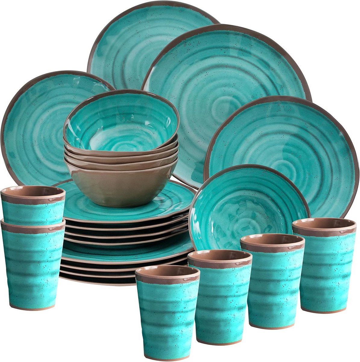 24-delige Melamine Servies Set voor 6 Personen in Aqua Groen - Steengoed Look
