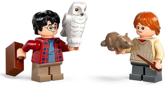 Harry Potter avec Hedwige et une valise marron. Ron Weasley avec un rat et une baguette magique.