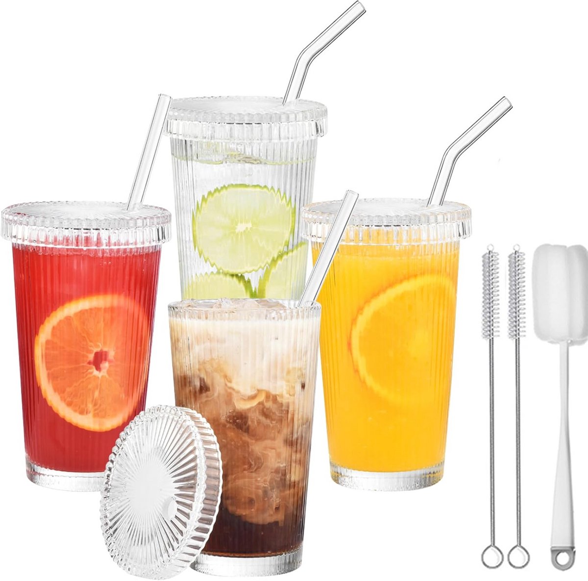 Set van 4 Glazen Bekers met Deksel en Rietje voor Iced Coffee en Smoothies