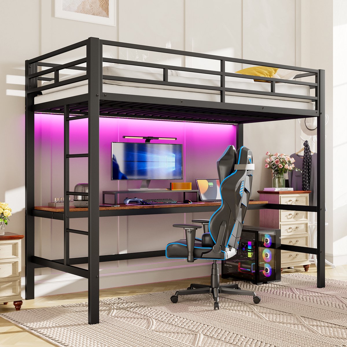 FloraGrace Hoogslaper 90x200 Cm – Met Bureau Met Usb En Stopcontact – Met Led Lichtstrip Met App Bediening – Met Trap En Uitvalbeveiliging – Metaal Mdf – Zonder Matras – Zwart