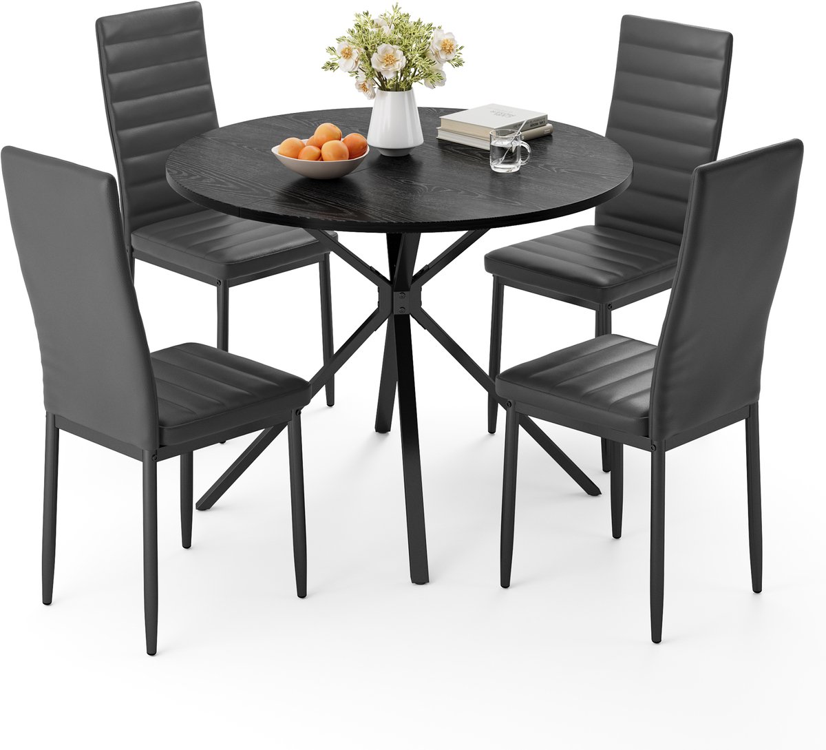 Xbro Eetkamerset met 4 Eetkamerstoelen, Eettafel en Stoelen van leer, geschikt voor 4 personen, Moderne Eetkamer Stoelen Set met ronde tafel, voor woonkamer, eetkamer en kantoor, Zwart