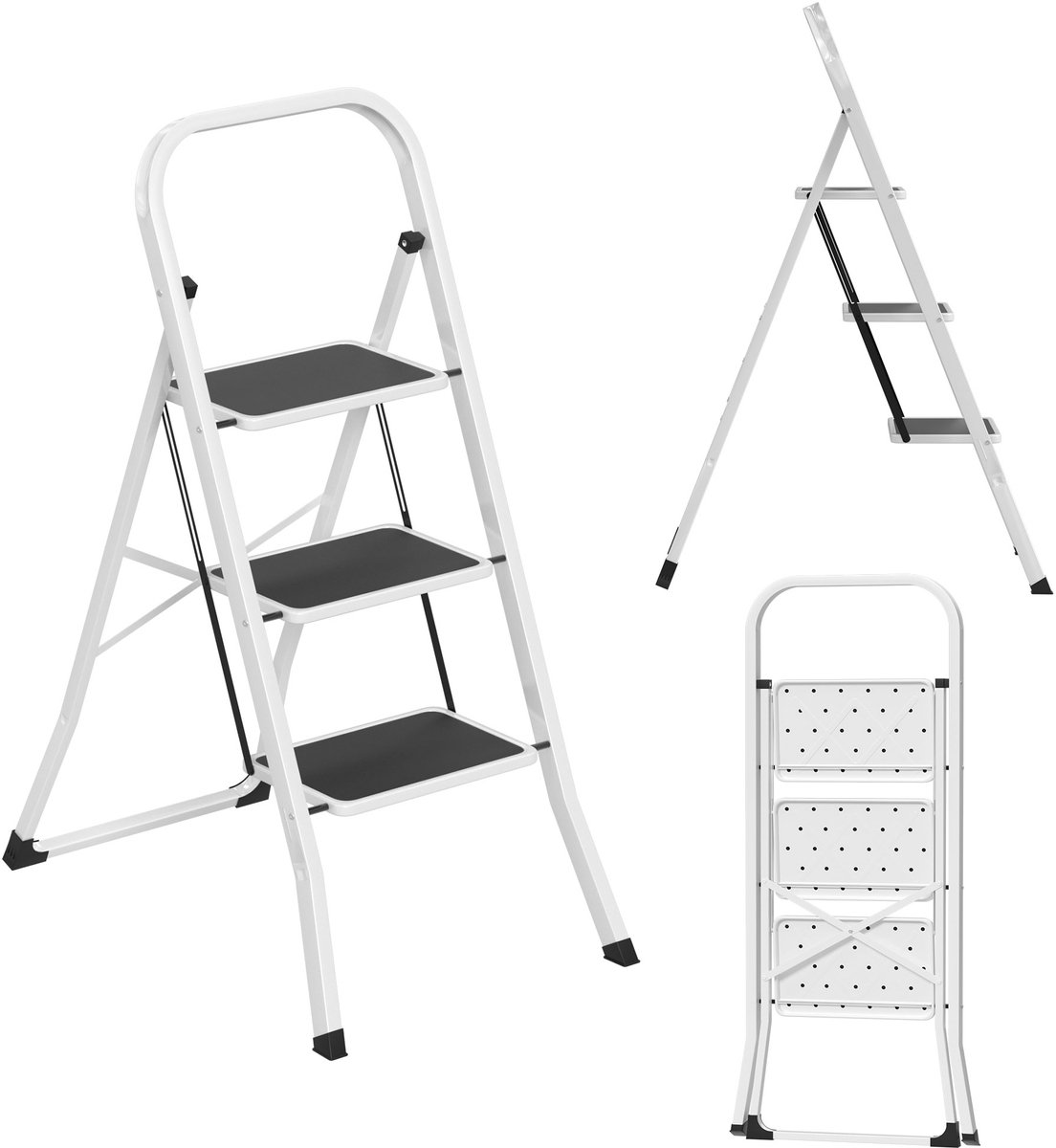 ACXIN Huishoudtrap Opvouwbare Trap 3 Treden - Stalen Frame - Antislip - Met Handgreep - Zwart-Wit