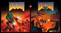 Artwork voor DOOM en DOOM II. Links een groene soldaat die demonen bevecht. Rechts een geel demonisch wezen dat soldaten bevecht.