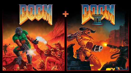Artwork voor DOOM en DOOM II. Links een groene soldaat die demonen bevecht. Rechts een geel demonisch wezen dat soldaten bevecht.