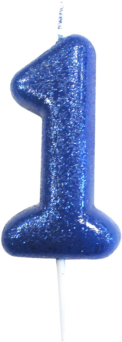 ANNIVERSARY HOUSE - Kaars op prikker cijfer 1 blauw glitter 7 cm voor verjaardag
