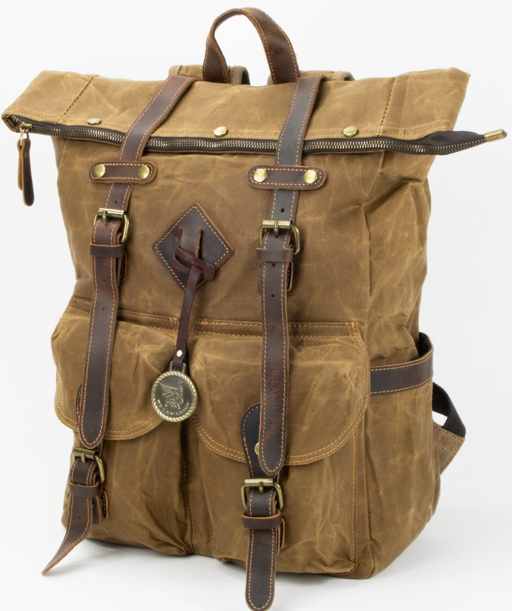 DE LAMASSU® Vintage Canvas Rugzak 45 cm – Unisex Laptop Rugtas 25L – Gewaxed Canvas met Echt Leer – Waterafstotend