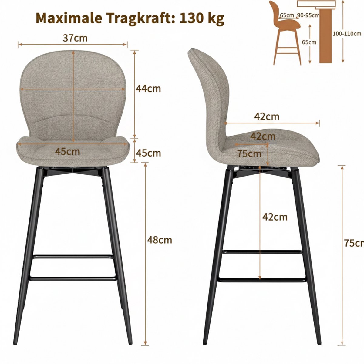 Barkrukken Set van 4 – House&Garden Luxe Draaibare Barstoelen 75 cm Zithoogte – 360° Draaibaar met Stoffen Zitting & Rugleuning – Metalen Onderstel & Voetensteun – Voor Keuken, Kookeiland & Bar – Mokka