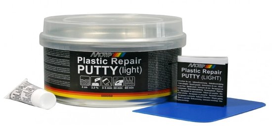 Blik met MOTIP Plastic Repair PUTTY (light) en een tube.