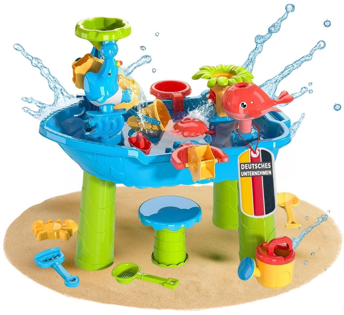 NARIUS S zand- en waterspeeltafel, 1 krukje, waterspeeltafel voor kinderen voor buiten op het balkon en in de tuin, moddertafel met zandbakspeelgoed, emmer, schep, gieter, waterrad