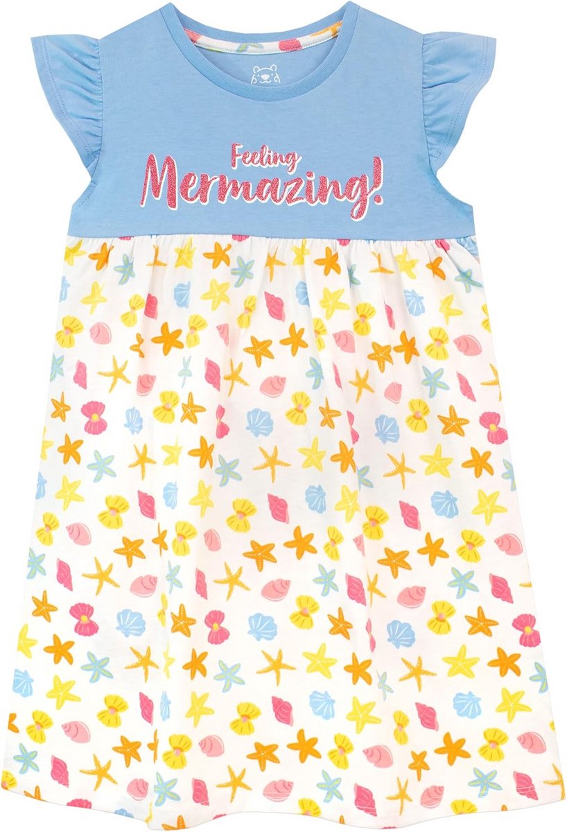 Meisjes Zeemeermin Jurk Blauw Wit met Roze Glitter 'Feeling Mermazing'