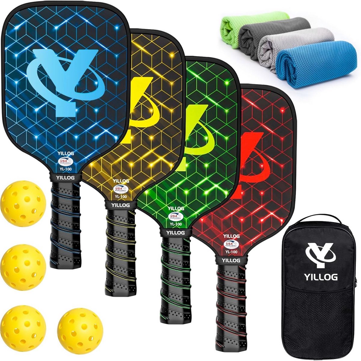USAPA-Goedgekeurde Pickleball Peddels Set Glasvezel 10,7 cm Handvat - Complete Set met 4 Paddles, Ballen en Koeldoeken inclusief Draagtas