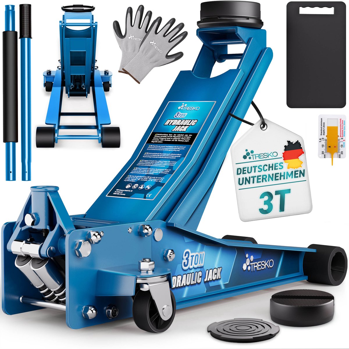 TRESKO Hydraulische garagekrik, 3 ton blauw, hefhoogte 75-510 mm, hydraulische garagekrik voor auto, platte krik met dubbele zuiger en 360° wielen, met 2 rubberen pads, beschermmat, handschoenen