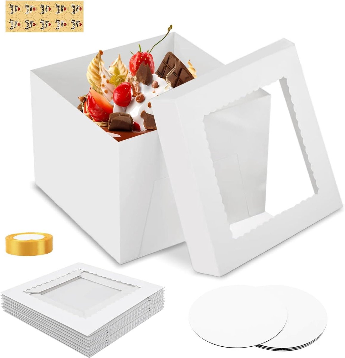 Taartdoos set van 5 stuks met ronde planken en lint - 30,5 x 30,5 x 20,5 cm