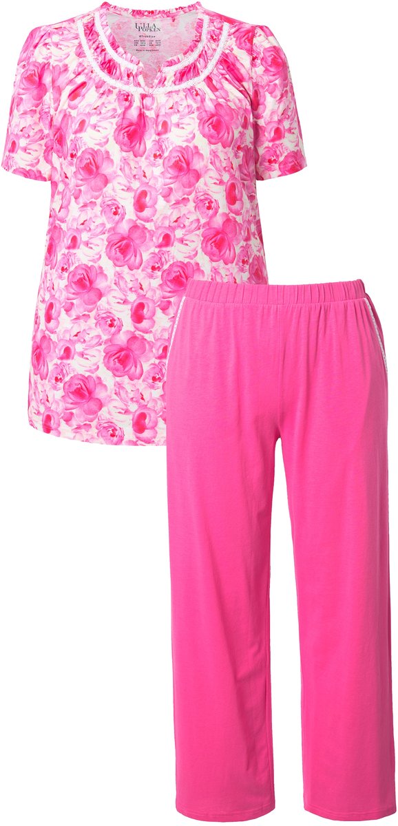Ulla Popken Dames - Pyjama rozen kant ronde hals korte mouwen - Roze - Maat 54+