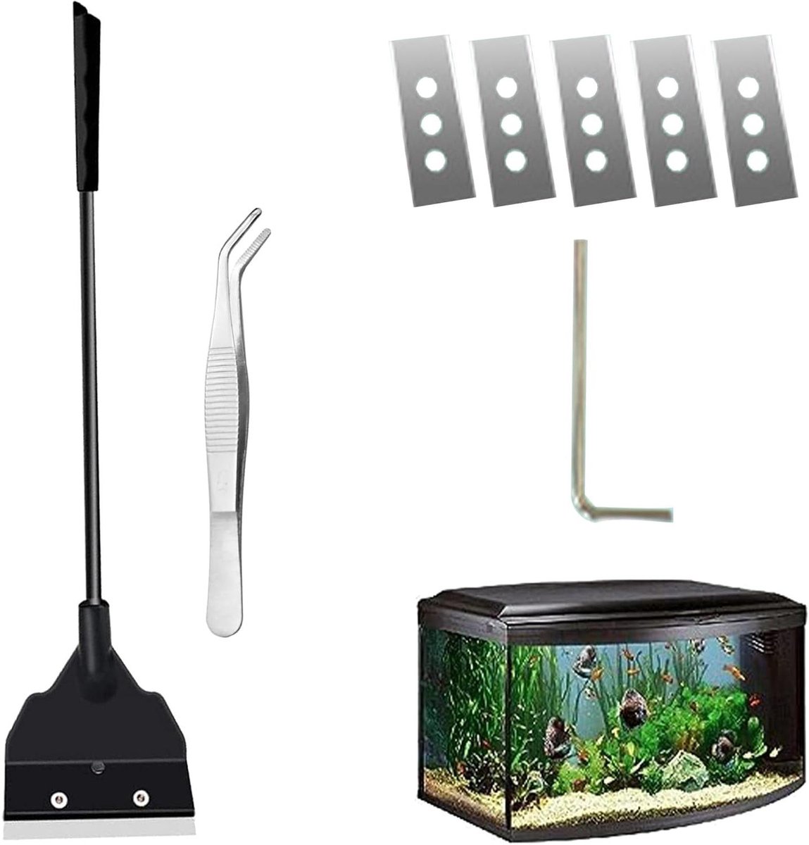Aquariumalgenreiniger met pincet en 4 messen - 34 cm lang