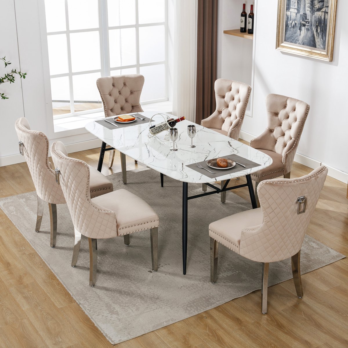 MODFU Eetkamerstoel set van 6, velvet, metalen poten, gestoffeerd met sierdetails, beige