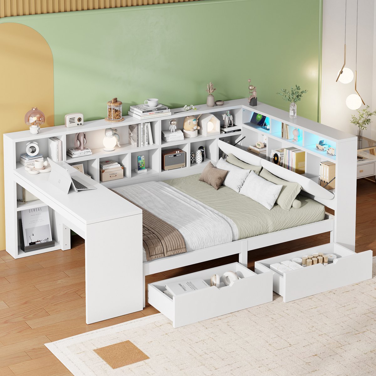 MIVRAY Hoekbed 140x200cm - Met Bureau, Boekenkast En Opberglades - Met Led Hoofdbord En Usb Oplaadpunt - Met Lattenbodem Zonder Matras - Houtlook - Wit