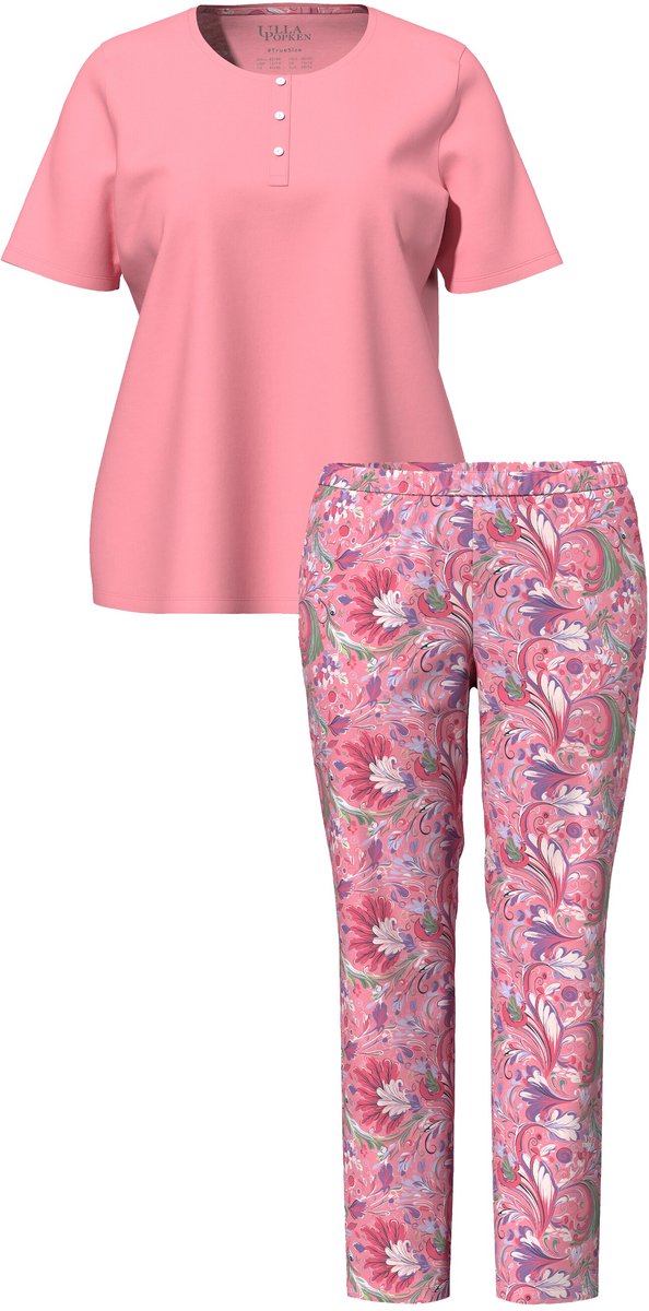 Ulla Popken Dames - Pyjama bloemen ronde hals korte mouwen - Perzik roze - Maat 50+