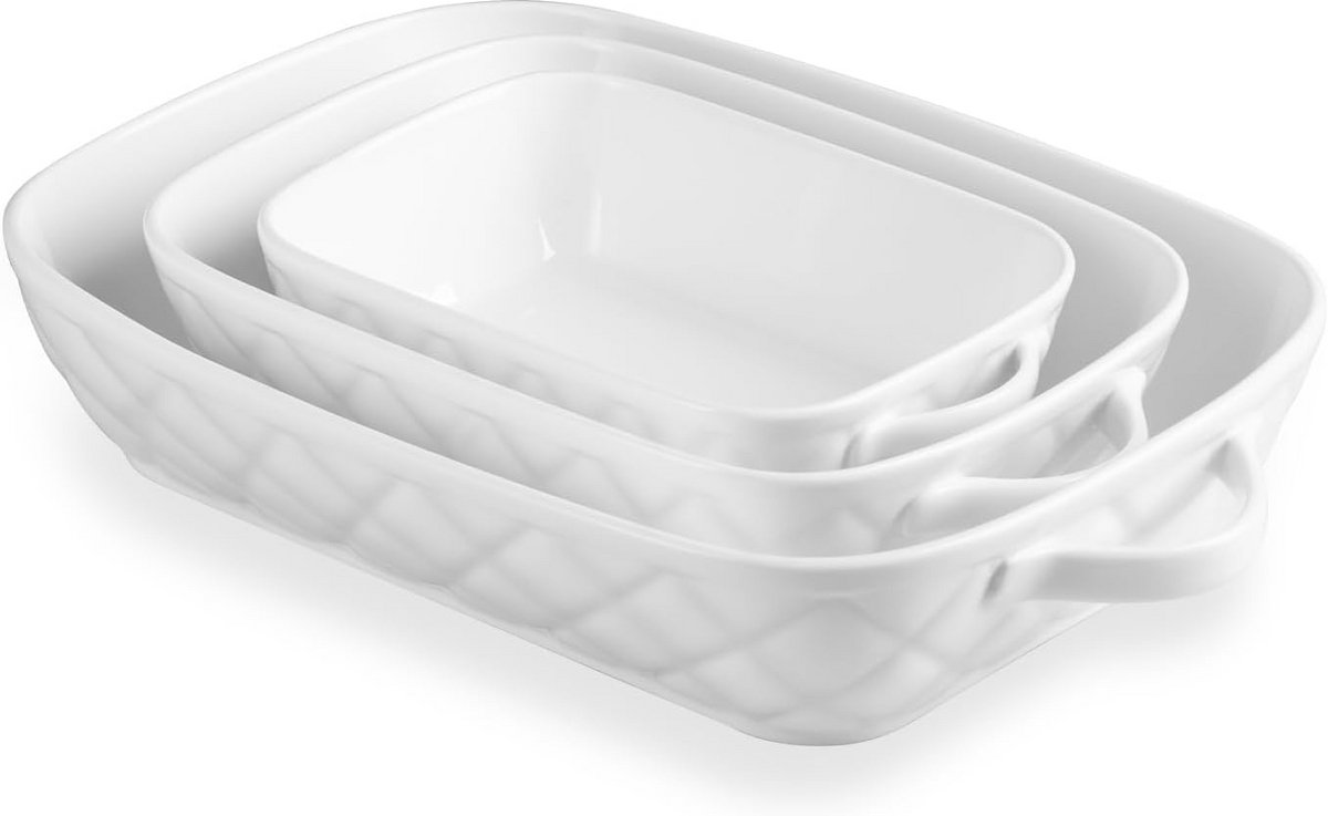 Ovenschaal Rechthoekig Keramiek Set van 3 - Diepe Lasagnevorm met Handvatten - Wit Bakvorm