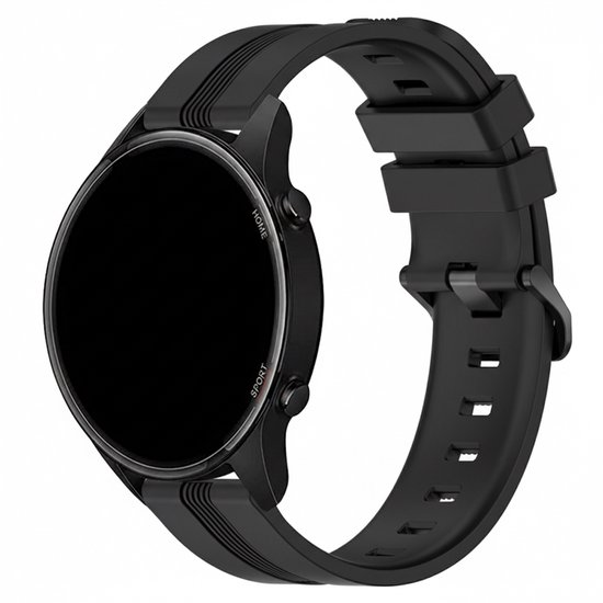 Zwarte smartwatch met een rond display en een zwart siliconen bandje met horizontale strepen.