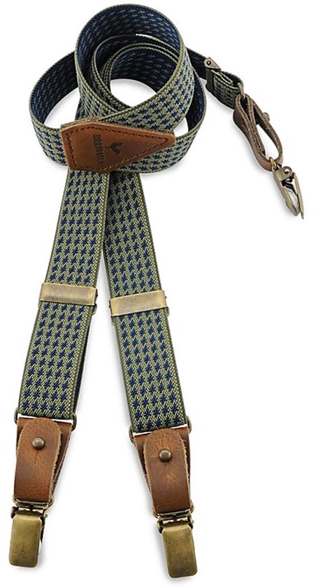 Groen/blauw geruite bretels met bruine lederen lussen en metalen clips.