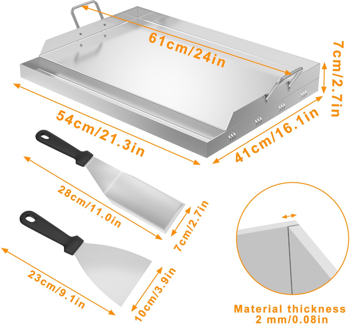 Froadp Plancha-grillplaat 54x41x7cm - Roestvrijstalen grillplaat voor gas & houtskool, met grillspatel & schraper - Roestvrij, hittebestendig - Universeel voor BBQ, steak, groenten (met handvat)