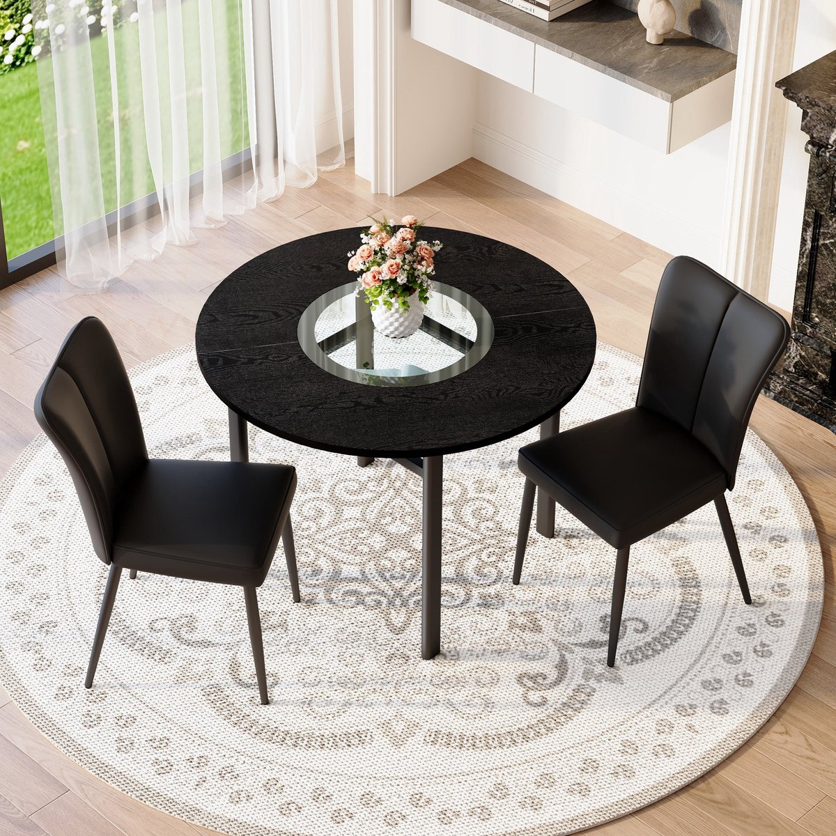 Merax Rond Eettafelset - Ø100 Cm Ronde Eettafel Met Glas Inleg En Glazen Onderblad - 2 Zwarte PU Eetkamerstoelen Met Metalen Poten - Zwart