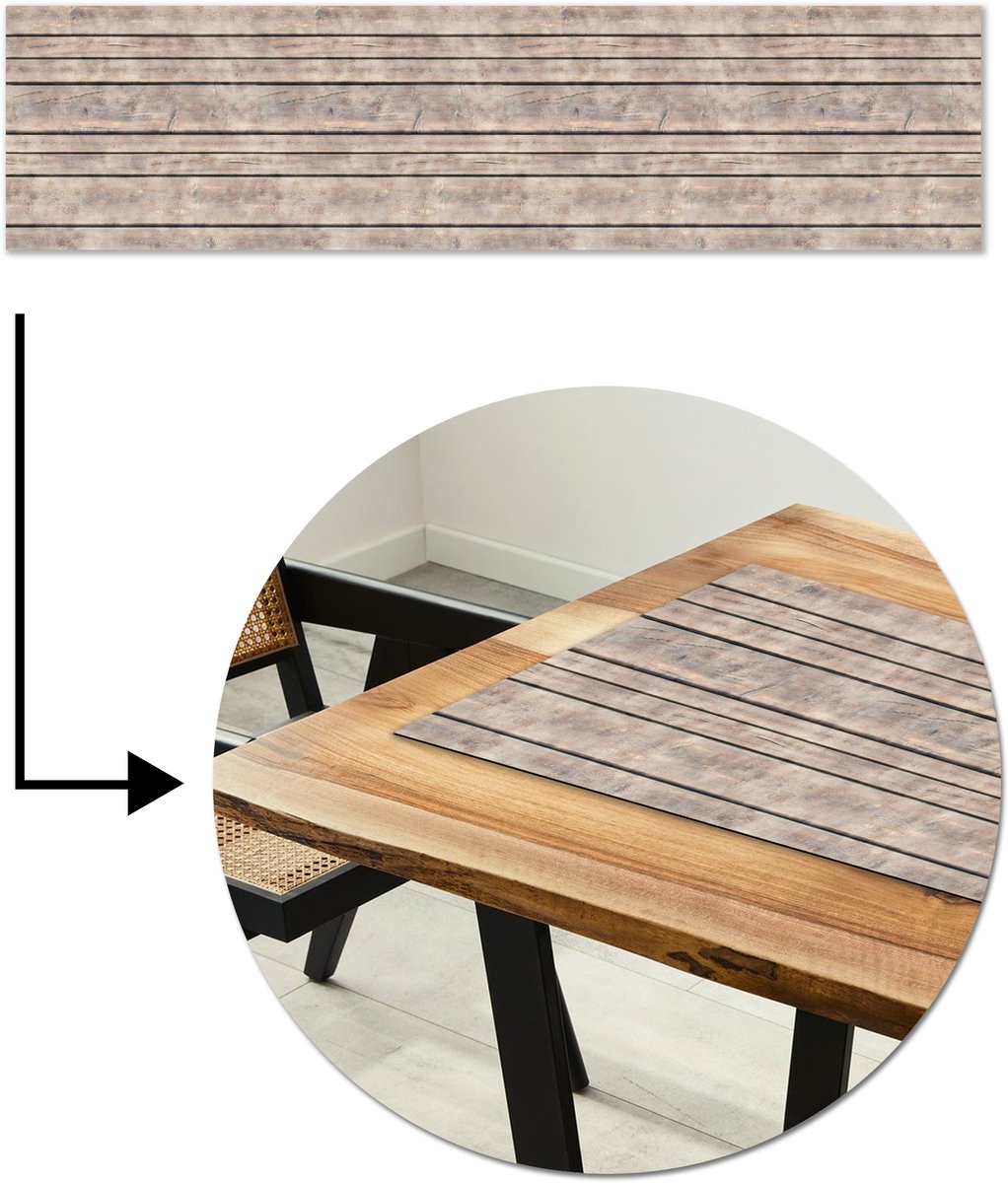 Tafelloper 200x50 cm - Tafelmat vinyl Brocante - Patronen - Hout - Planken - Tafeldecoratie - Tafelversiering - Keuken decoratie - Tafel versiering