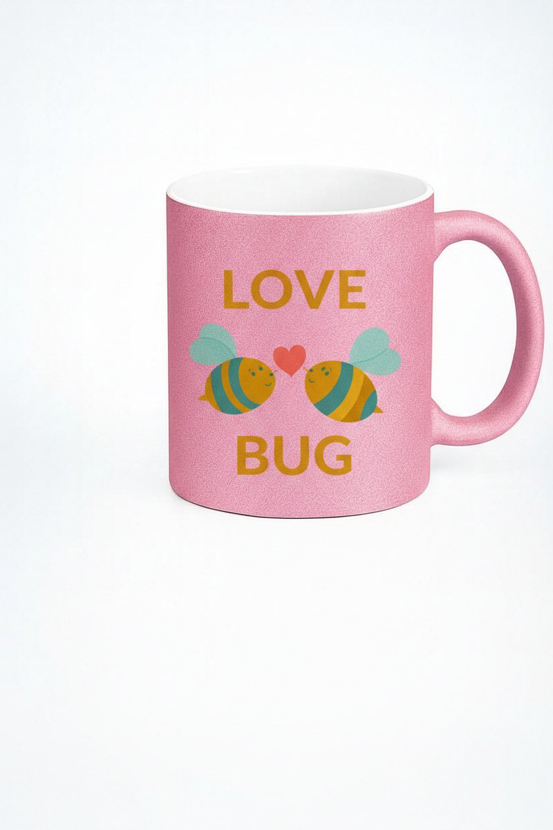 Roze Glitter Mok Love Bug met Schattige Bijen en Hart - Cadeau voor Liefdevolle Momenten