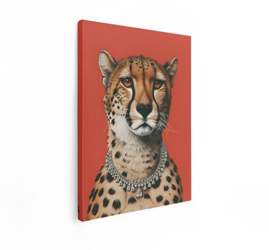 Artaza Canvas Schilderij Cheetah Met Diamanten Ketting - 90x120 cm - Wanddecoratie Dieren - Muurdecoratie Luipaard - Schilderijen Op Canvas Rood