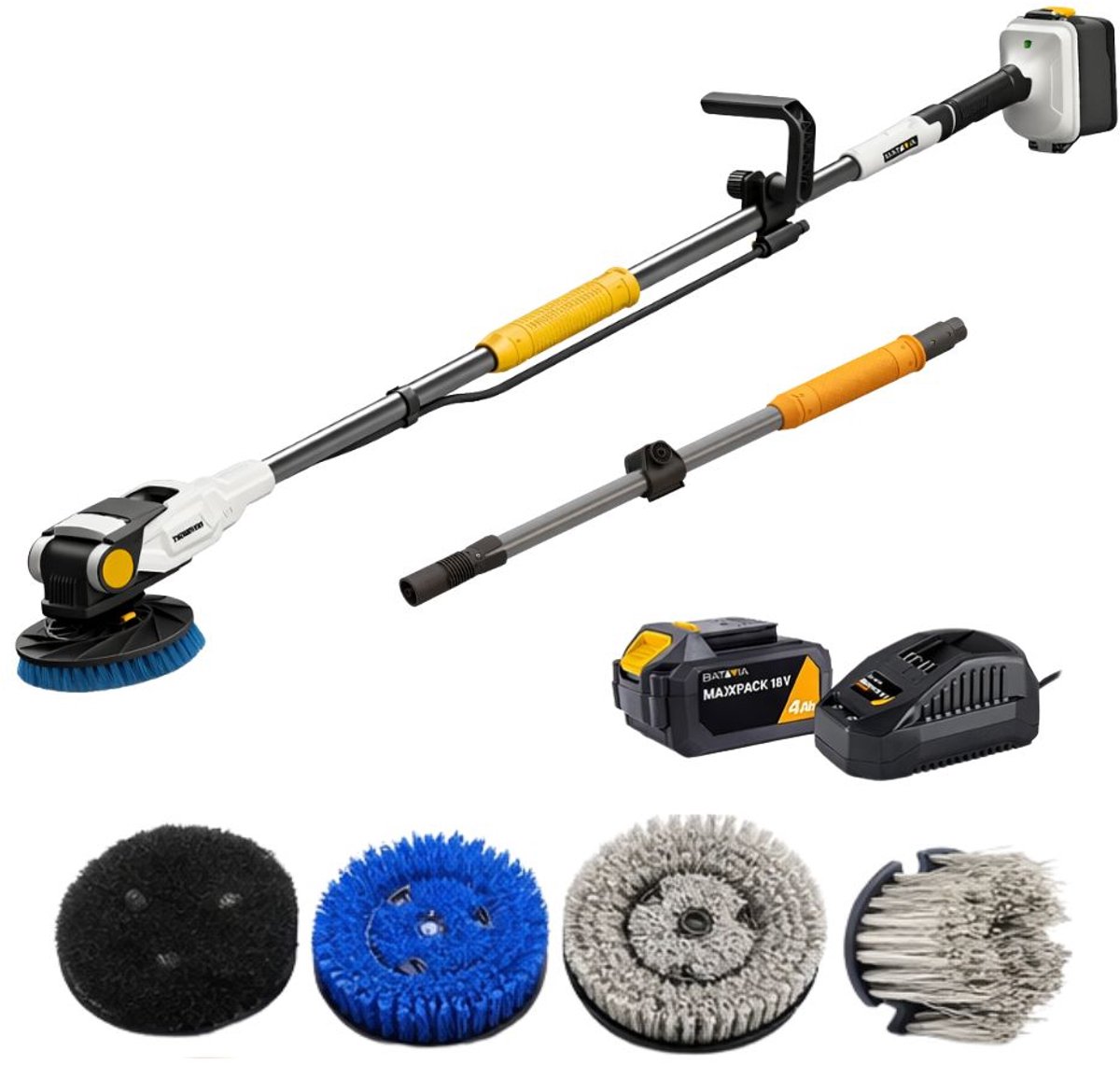 Batavia 18V Twin Brush Brushless Accu Reinigingsborstel – Incl. 4.0Ah Accu + Snellader + 4 Borstels + Verlengsteel