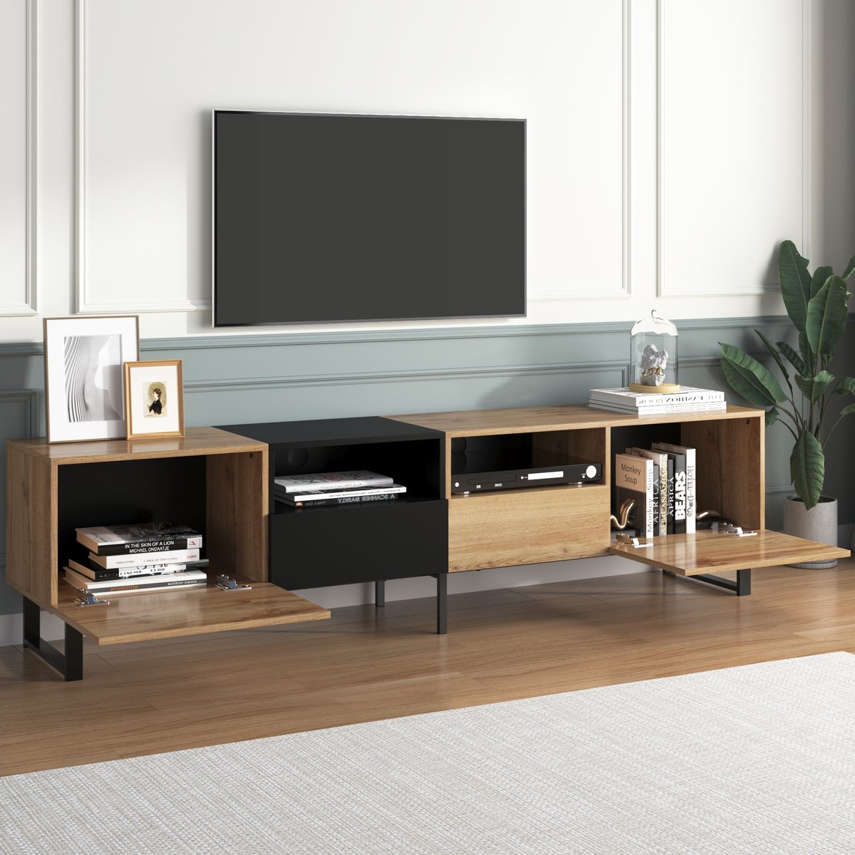 MODENUIT Tv-Meubel - Opbergruimte Met 2 Deuren En 2 Laden Voor Woonkamer - MDF Zwart En Houtkleur - 190x38x48 Cm