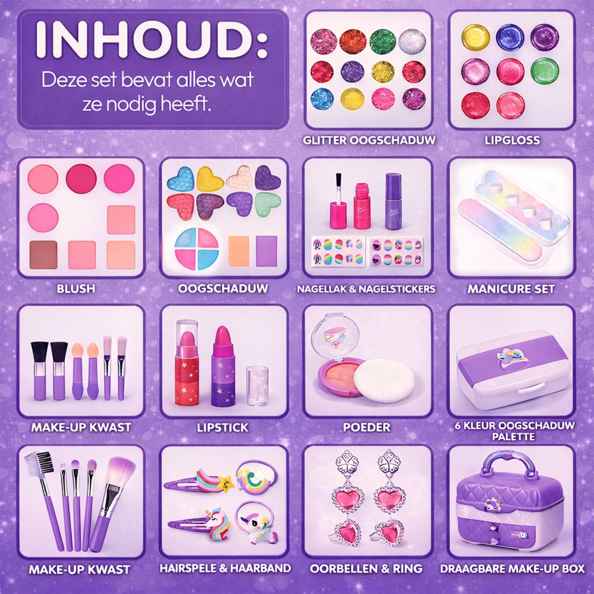 Twinsplay kinder make up - 72 Stuks - kinder make up koffer - kinder make up meisje - kinder make up tafel - kinder make up speelgoed - kinder make up set - kinder lippenstift - Paars — afbeelding 5