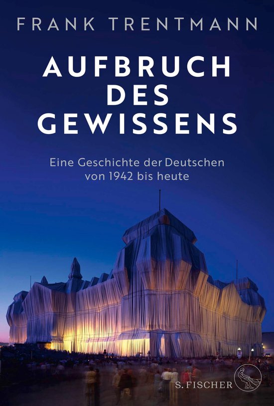 Boek "Aufbruch des Gewissens" door Frank Trentmann. Een gebouw bedekt met stof, verlicht in paars en blauw.