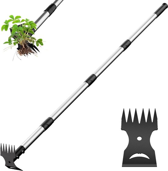 Tuingereedschap - Grasvrij Maken - Onkruidtrekker met lange steel - Handmatige onkruidverwijderaar - 2-in-1 Onkruidsteker met Lange Steel - 148cm - Tuinschoffel en Onkruidhark in één - Voor Gazon, Tuin en Erf