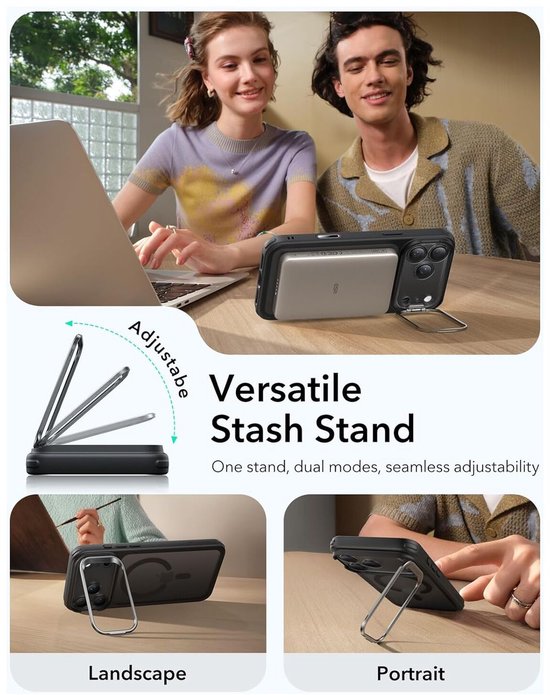 Mensen die een telefoon gebruiken met een hoes met standaard, die in landschap- en portretmodus kan worden gezet.