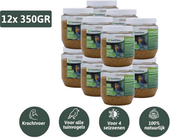 Twaalf potten famiflora vogelpindakaas, 350GR per stuk. Met afbeelding van een roodborstje en iconen.