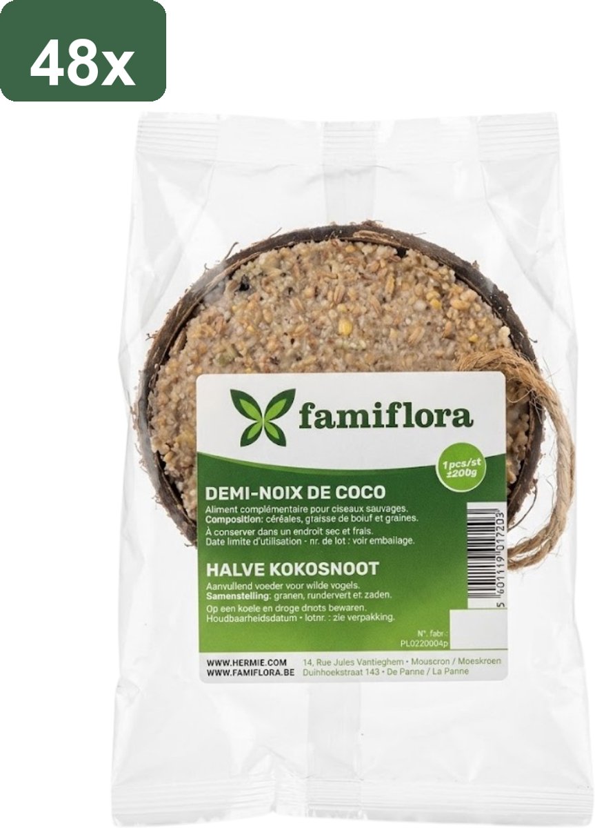Famiflora Halve Kokosnoot Gevuld - 48 stuks (9.6KG) - Buitenvogels - Zaden & Insecten - +/- 200g per stuk - Voor tuinvogels - 100% Natuurlijke houder - Gevuld met hoogwaardig rundervet