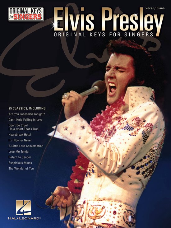 Elvis Presley Original Keys for Singers bladmuziek met Elvis in wit, bewerkt kostuum met rode bloemensjaal.