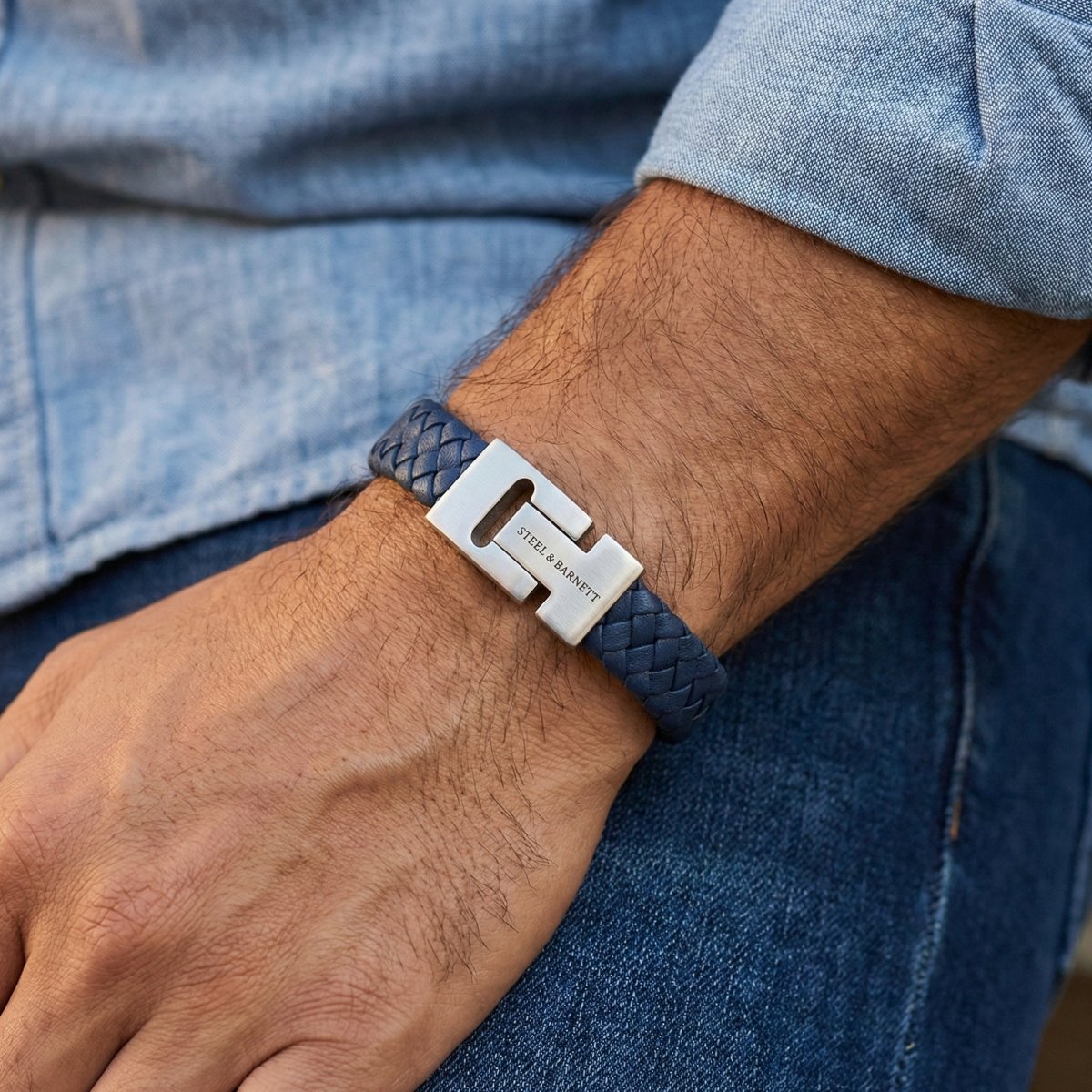 STEEL & BARNETT - Leren Armband Heren - Harrison - Blauw - Maat L