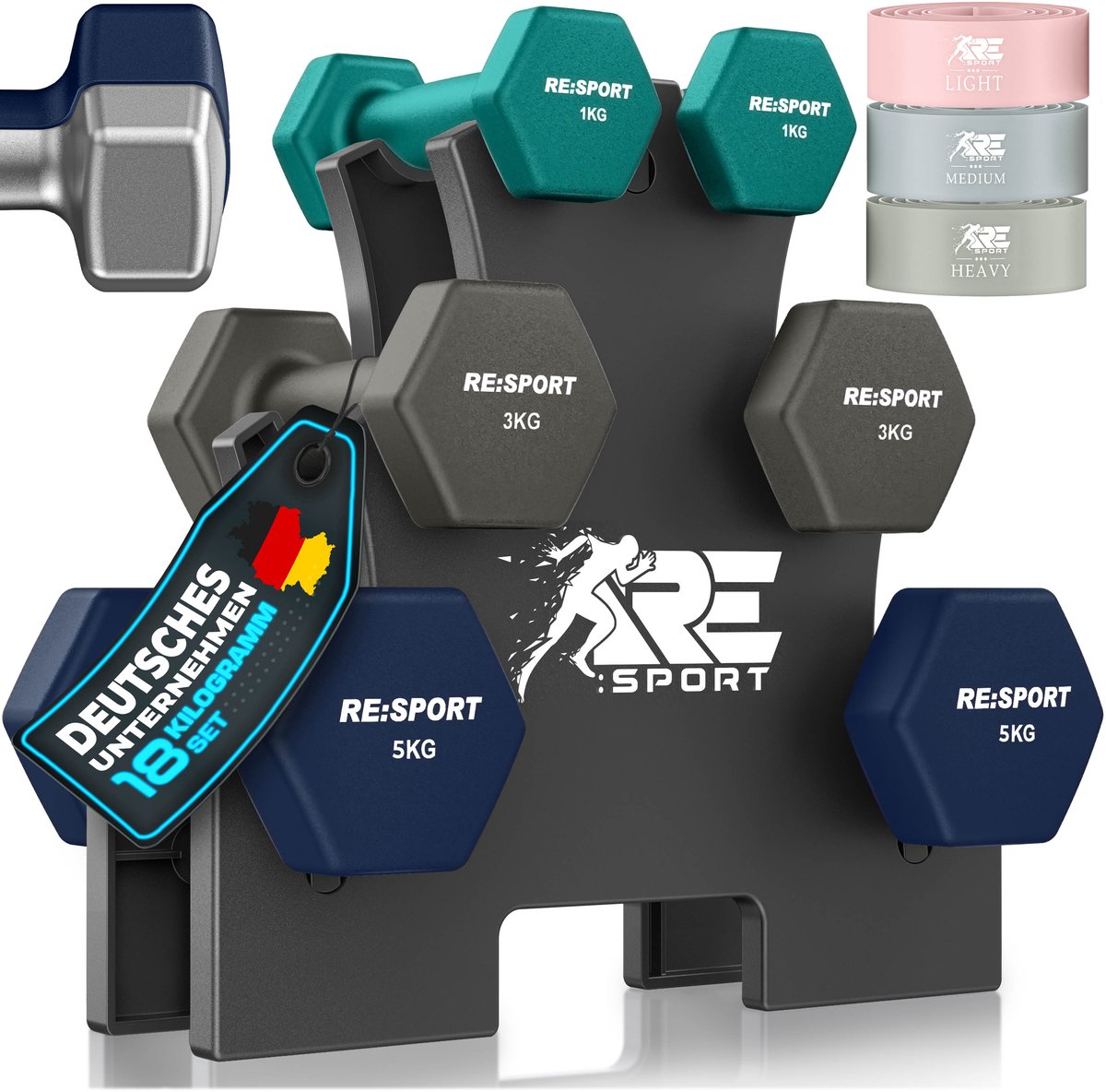 RE:SPORT® Halter Set 3 Paar 1kg–5kg, 18kg met Standaard & 3x Fitnessbanden | Antislip Neopreen Dumbbells voor Dames & Heren | Halters Halterset