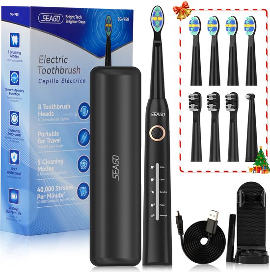 SEAGO Elektrische Tandenborstel - Zwart - Reisetui - Wittere tanden - 8 Opzet-borstels -5 poetsmodi-Timer