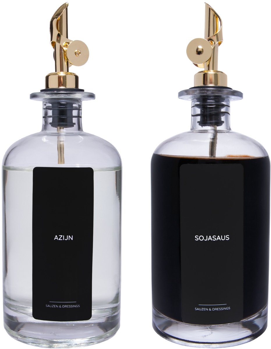 Olieflessen - Set van 2 - Gouden schenktuit - Zwarte labels - Keuken flessen - 500ml